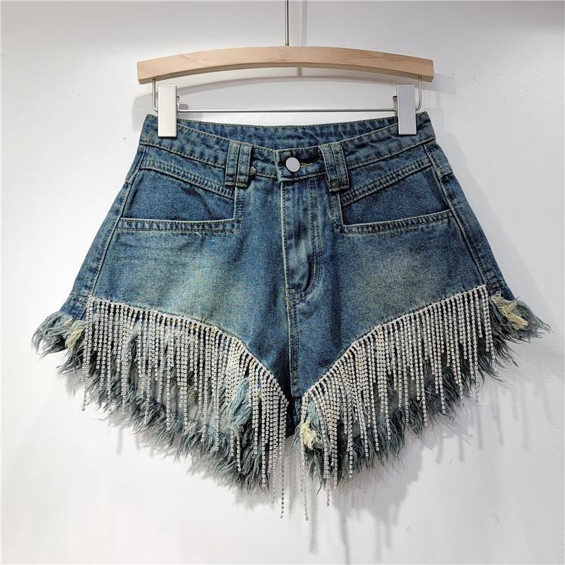 Chic Distressed Denim Shorts for Women - Spring-Summer 2025 Zara Style with Rhinestone Chains
