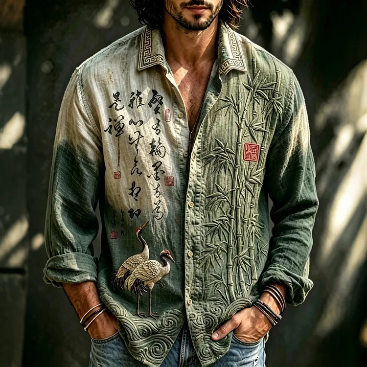 Men's Vintage Japanese Bamboo And Crane Art Embroidered Linen Blend Long Sleeve Shirts