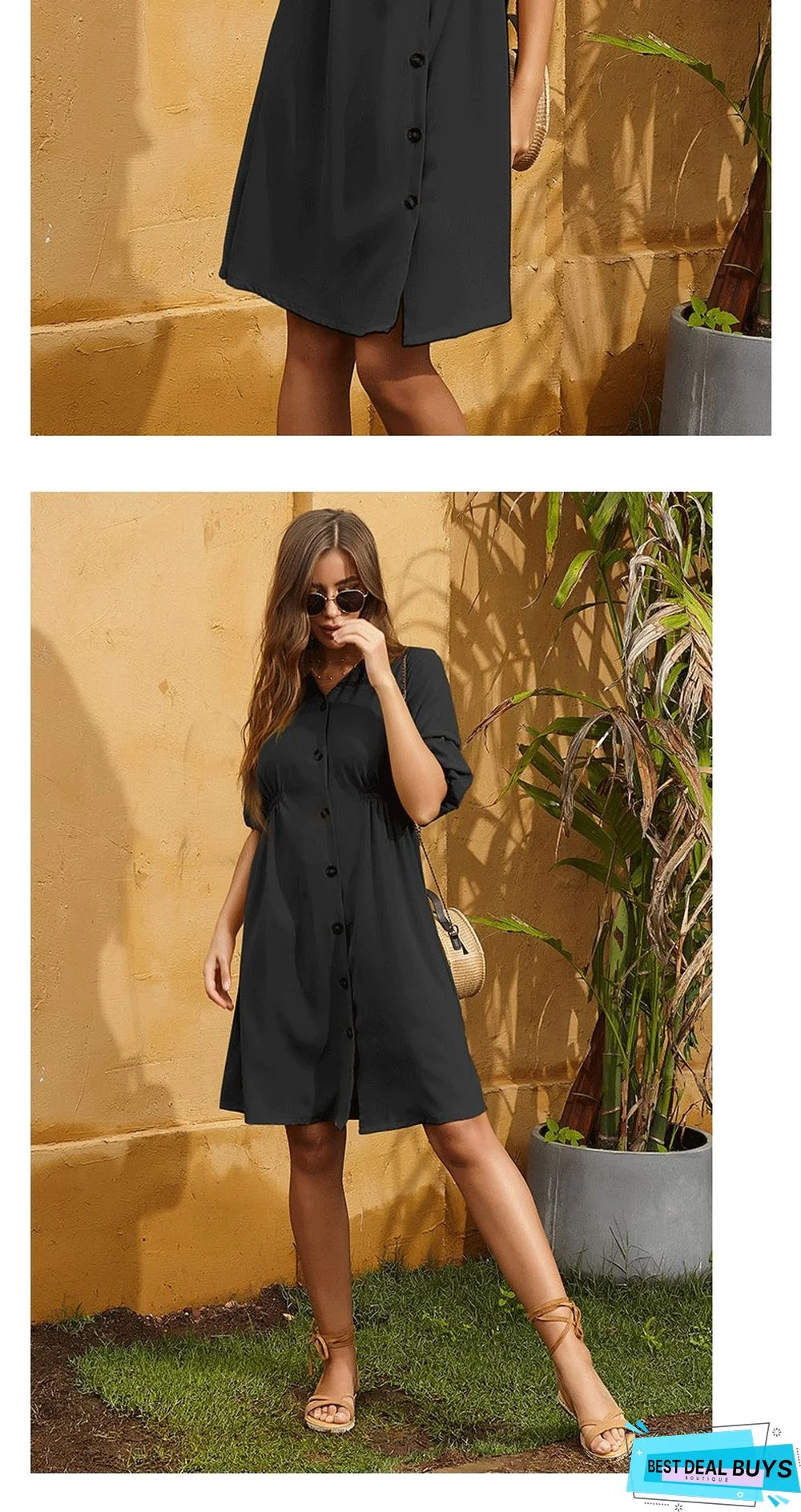 Solid-colored Loose-fitting Mid-sleeve Pleated Shirt Large Swing Dress