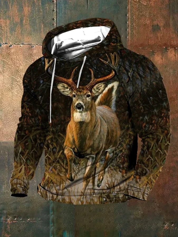 Men's Western Elk Print Hooded Sweatshirt