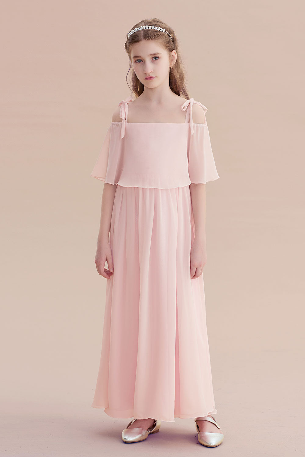 Oknass Half-Sleeves Spaghetti Straps A-line  Flower Girl Dress Chiffon with Tiered