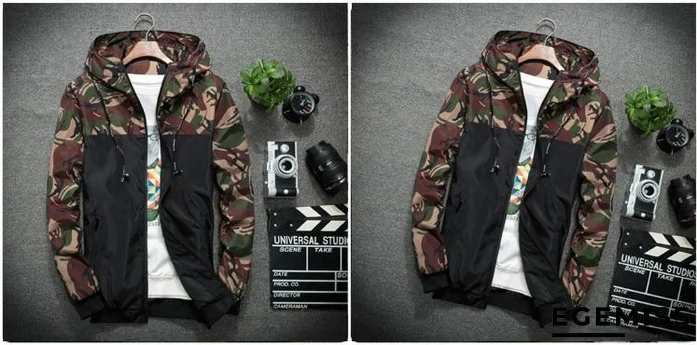 Men's Camouflage Military Casual Zipper Windbreaker Jackets Hooded Coats | EGEMISS