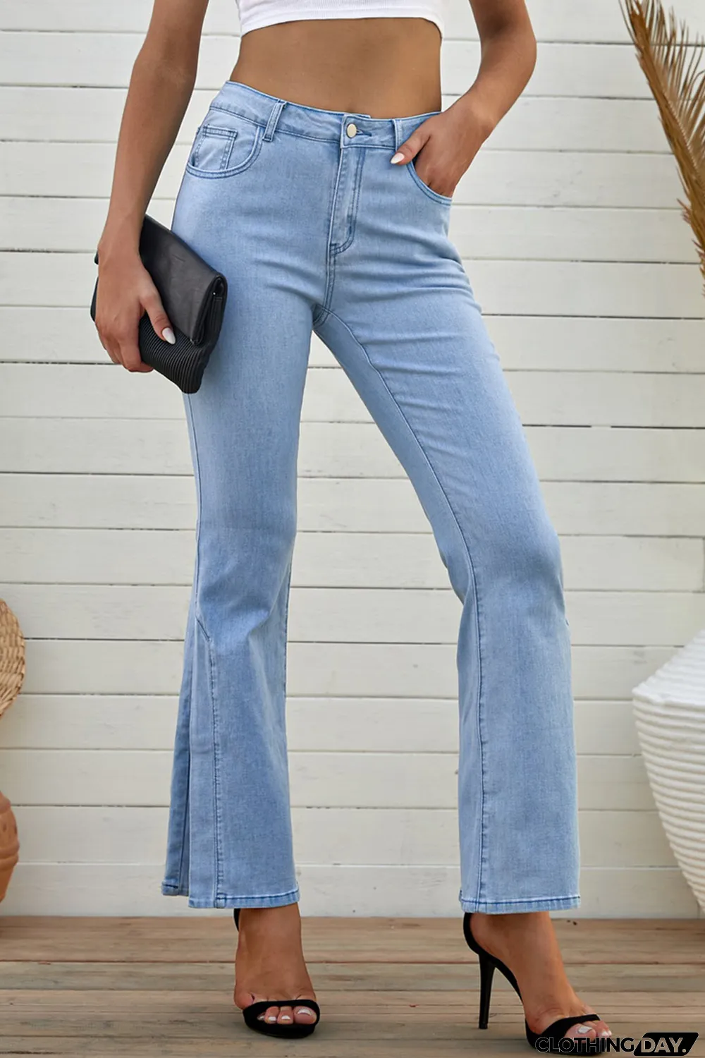 Sky Blue Wide Leg Split Hemline Flared Jeans