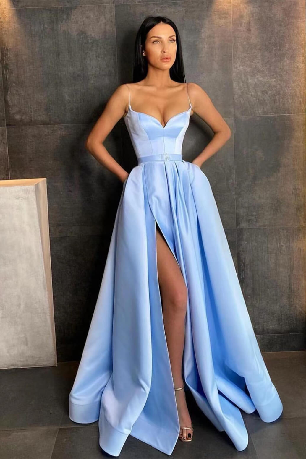 Oknass Sky Blue Split Spaghetti-Straps Prom Dress A Line With Pockets
