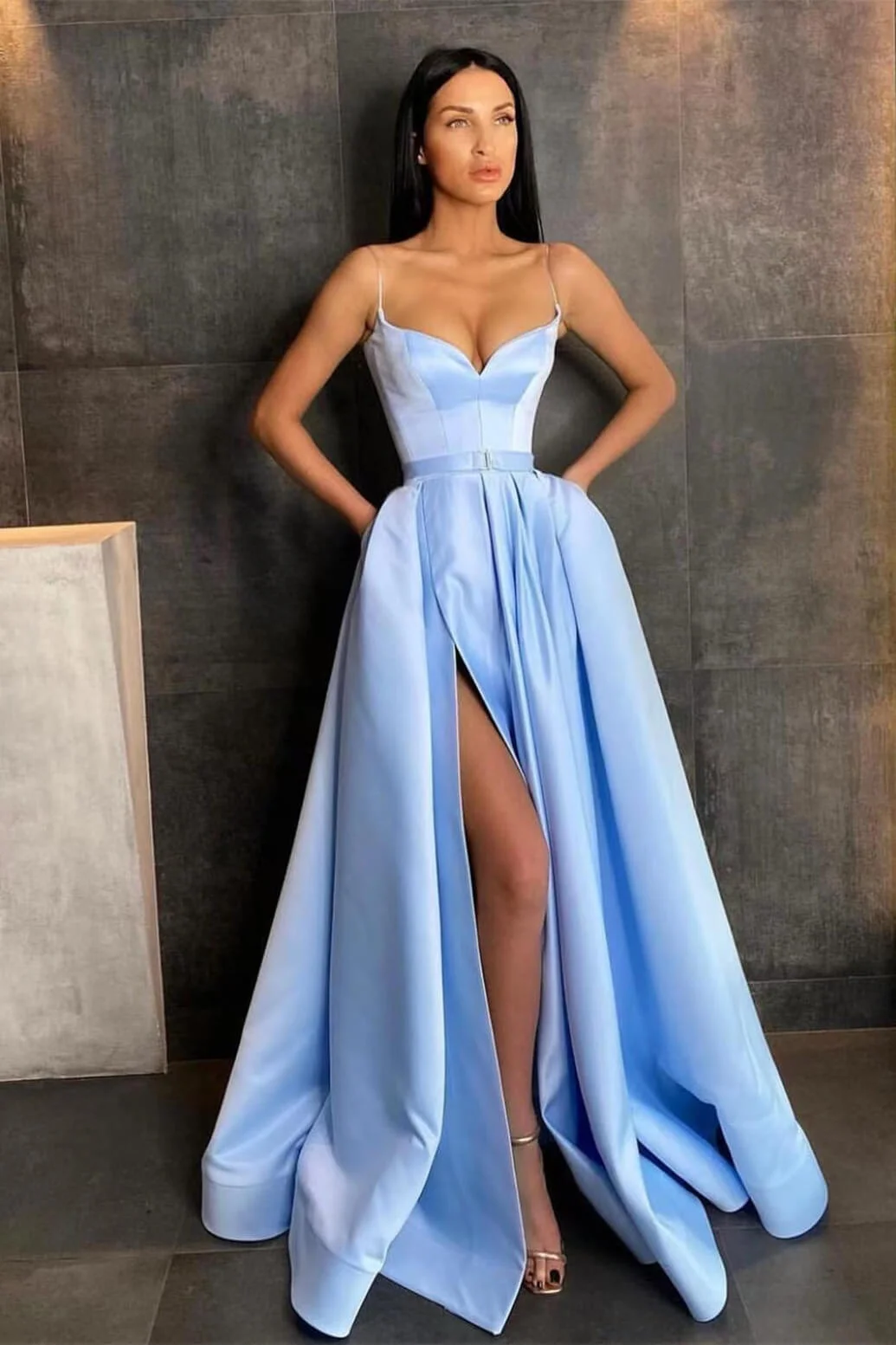 Daisda Sky Blue Split Spaghetti-Straps Prom Dress A Line With Pockets