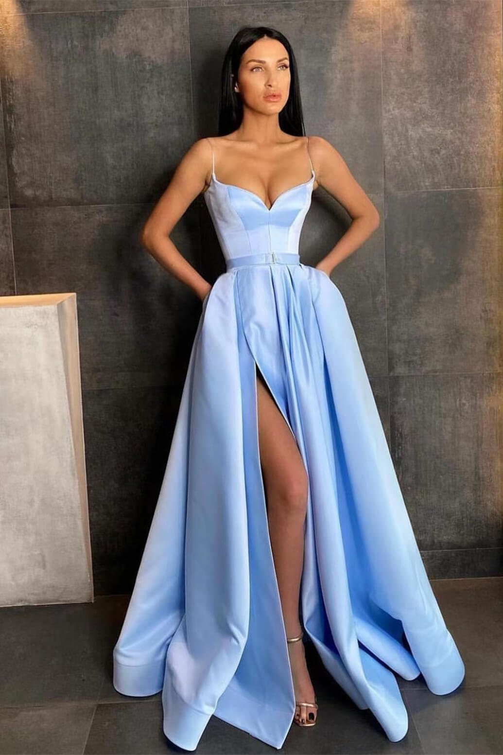 Sky Blue Spaghetti-Straps Prom Dress A Line Split Pockets ED0098