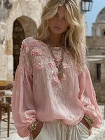 Women's Pink Rose Embroidered Art  Linen Tunic