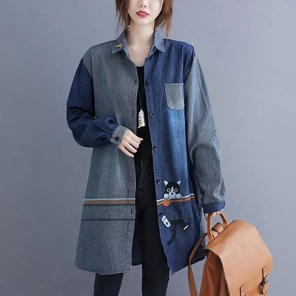 omychic autumn vintage animal stripe korean style plus size Casual loose denim shirt women blouse 2020 clothes ladies tops
