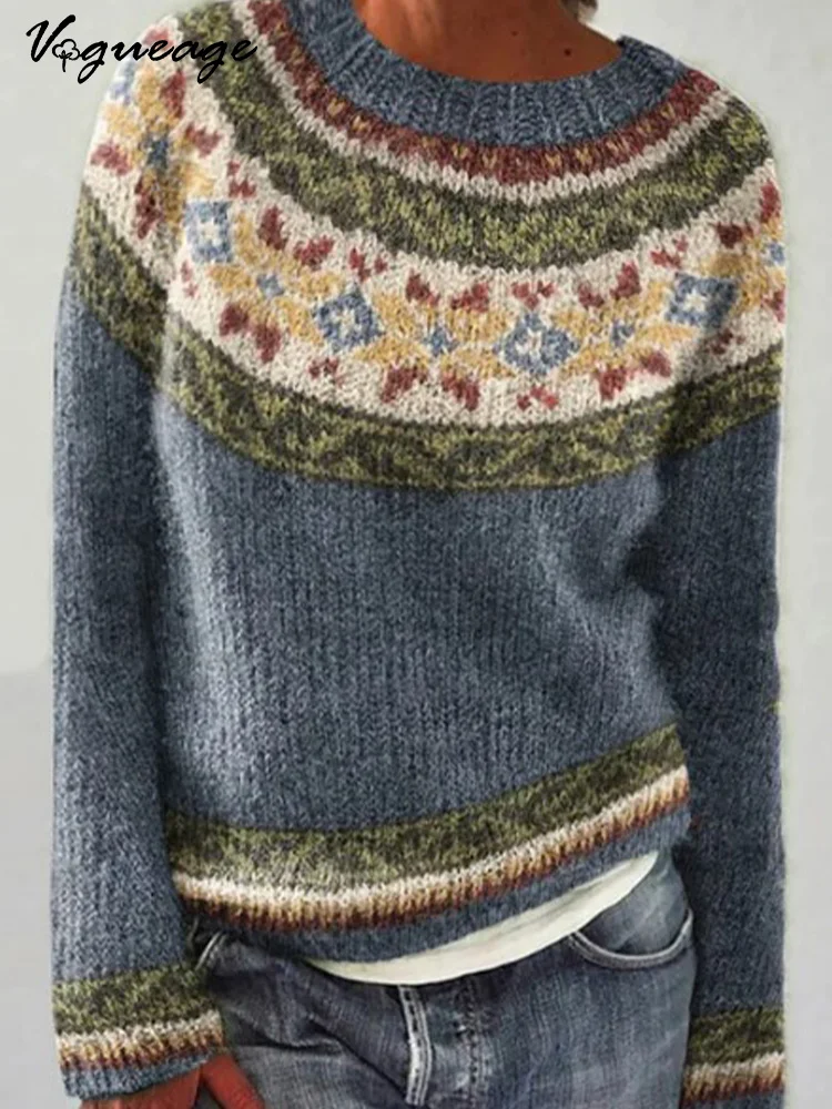 Retro Pattern Casual Long Sleeve Knitted Sweater