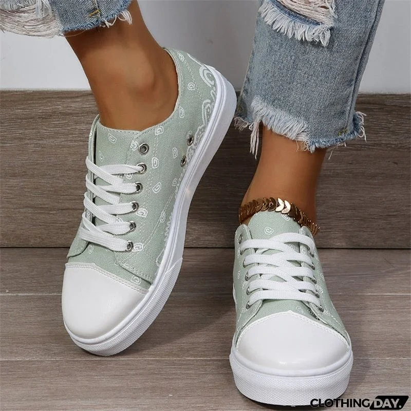 Cute Round Toe Lace Up Cartoon Print Canvas Loafers for Women