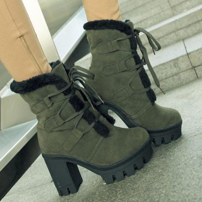 Winter warm fur lining front lace platform chunky high heeled ankle boots
