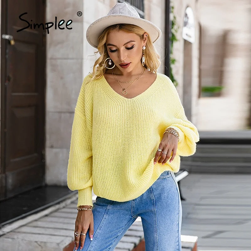 Simplee Minimalist v neck women sweater casual Lantern sleeve loose white color sweater jumper Office soft female knit pullover