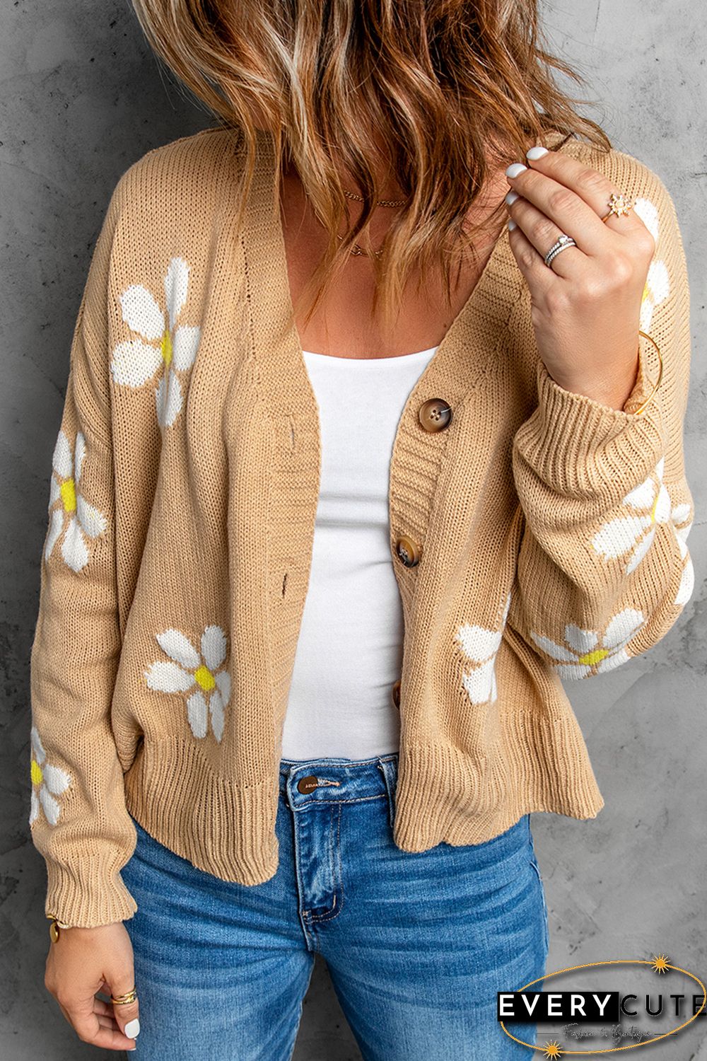 Khaki Daisy Pattern Knit Button Front Cardigan