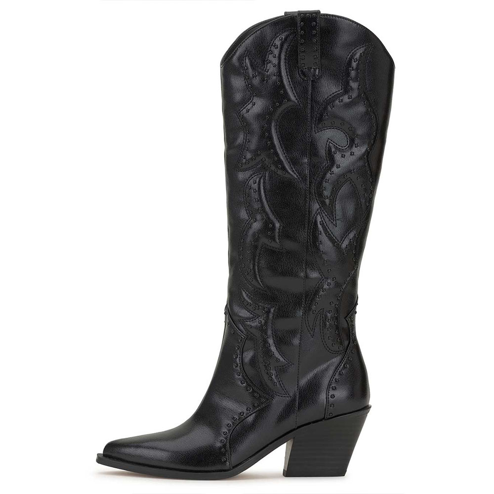 GOOSHOE Black Studded Embroidered Chunky Heel Cowboy Boots
