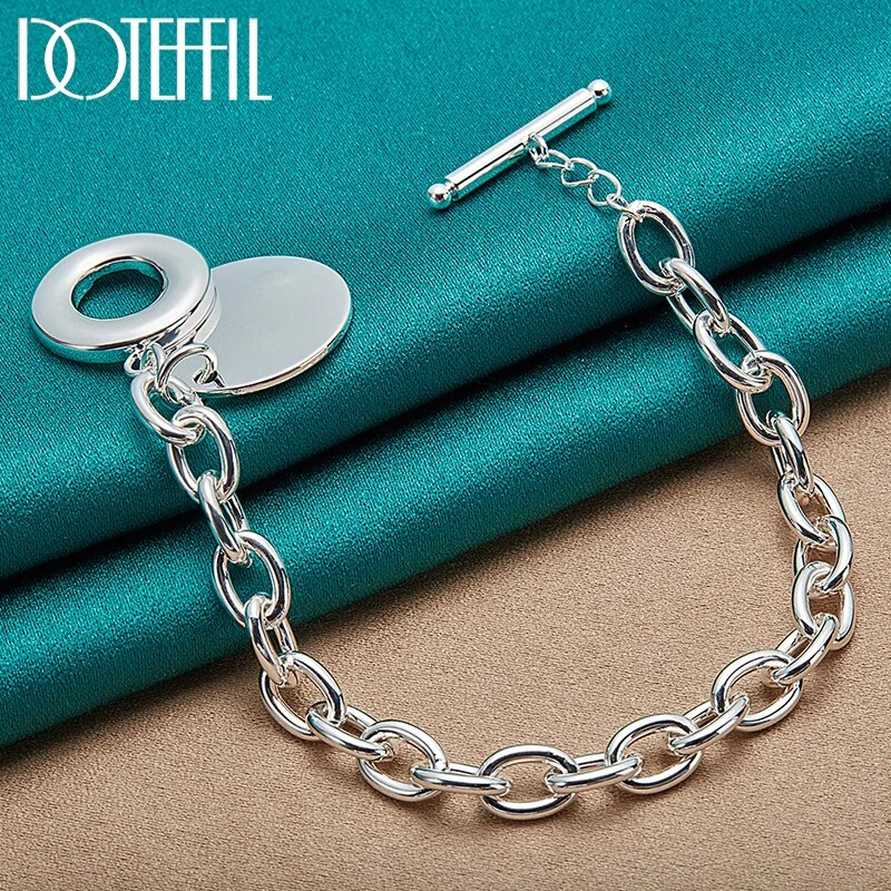 925 Sterling Silver Round Tag Pendant Bracelet Thick Chain For Man Women Jewelry