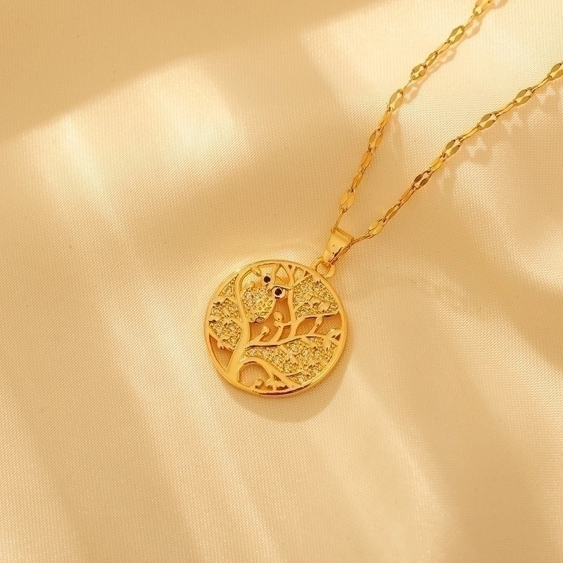 Pure Titanium Brass Cute Minimalist Inlay Tree Owl Artificial Diamond Pendant Necklace