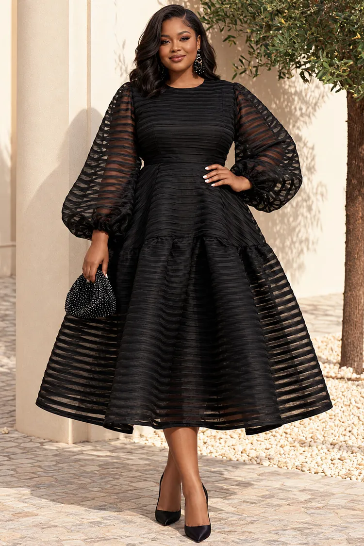 Xpluswear Design Plus Size Cocktail Party Black Round Neck Lantern Sleeve Long Sleeve See Through Midi Dresses [Pre-Order] 2024 - Xpluswear