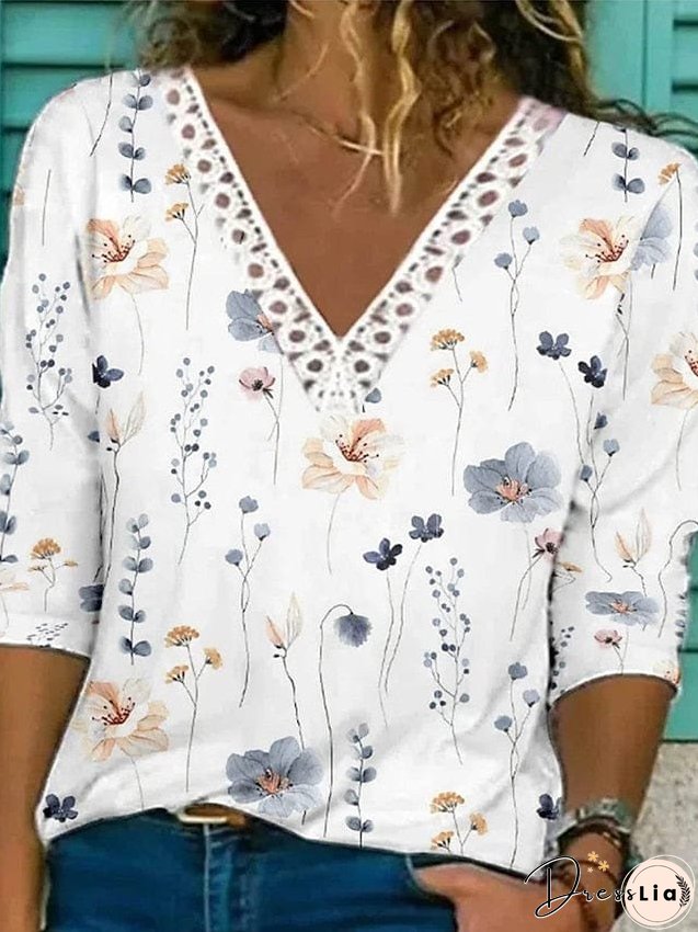 Lace V-Neck Casual Floral Loose T-Shirt for Women