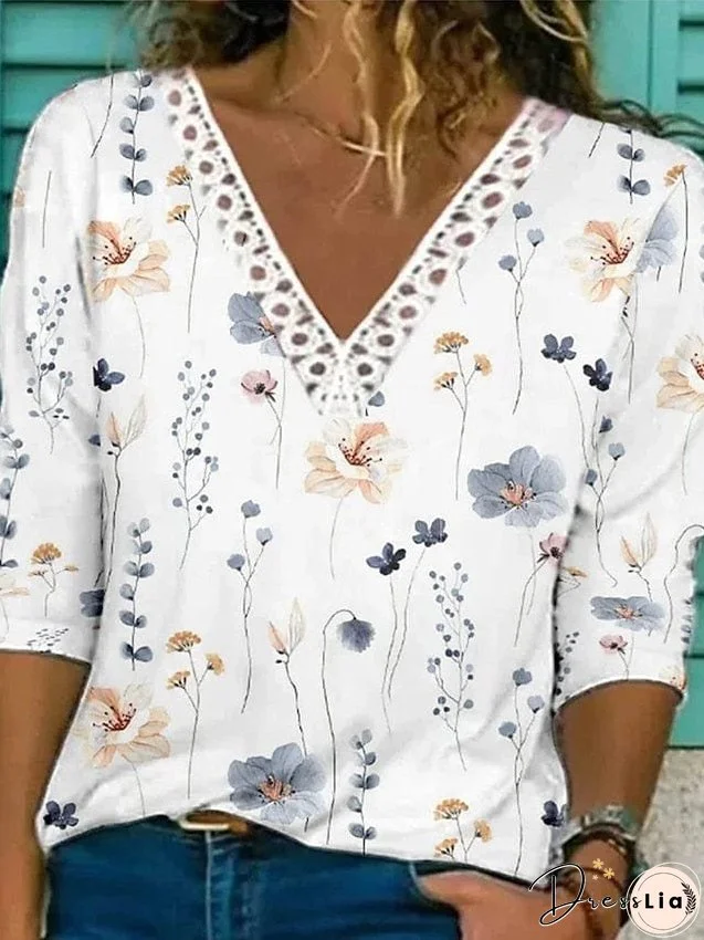 Lace V-Neck Casual Floral Loose T-Shirt for Women