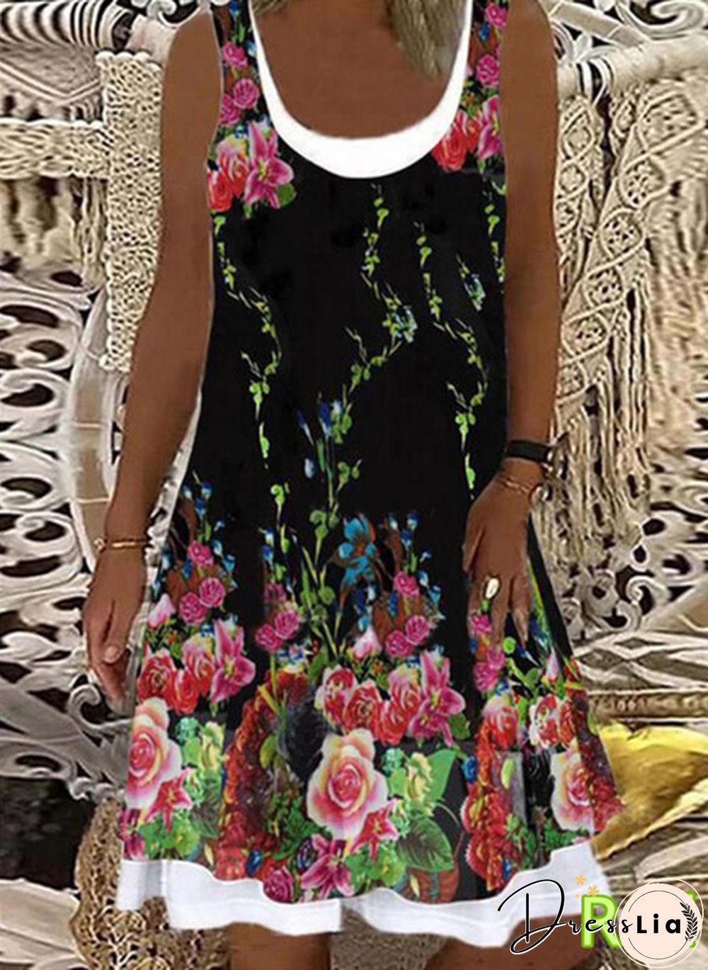 Womens Dress Summer New Fashion Flower Fake Two-piece Printed Sleeveless Round-neck