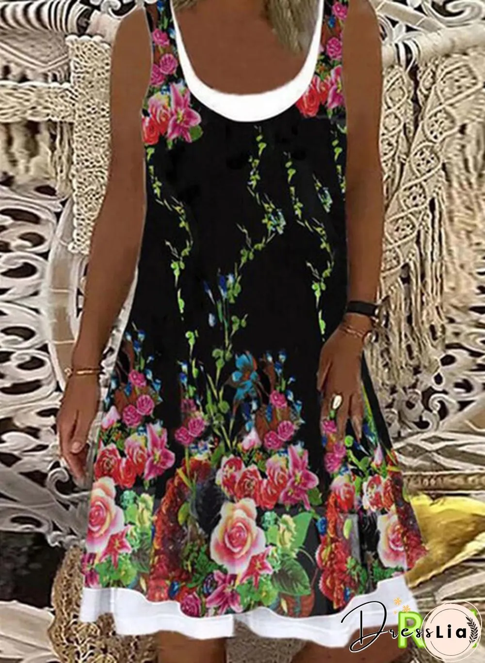 Womens Dress Summer New Fashion Flower Fake Two-piece Printed Sleeveless Round-neck