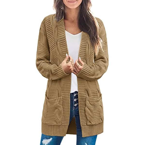 Womens Casual Long Sleeve Cable Knit Sweater Cardigan Loose Open Front Outwear Beige Small
