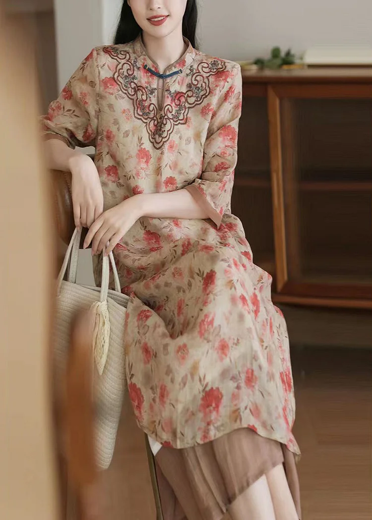 Women Apricot Embroideried Print Patchwork Linen Dresses Half Sleeve