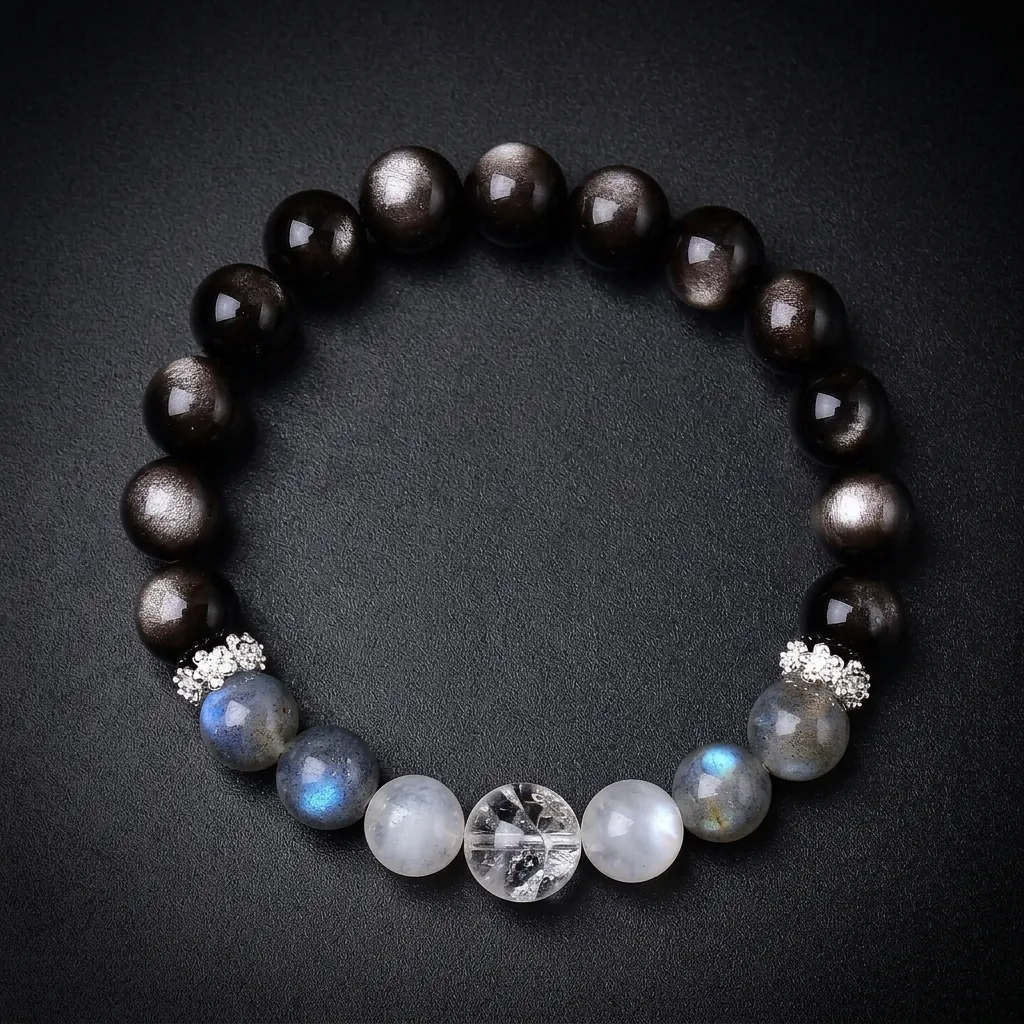 JiStones Celestial Moon Pure S999 Silver & Natural Healing Crystal Bracelet Celestial Silver Moon (10mm)