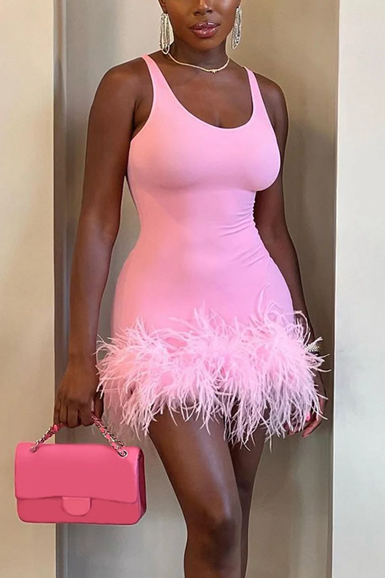 Plus Size Pink Party Sleeveless Feather Bodycon Mini Dress 
