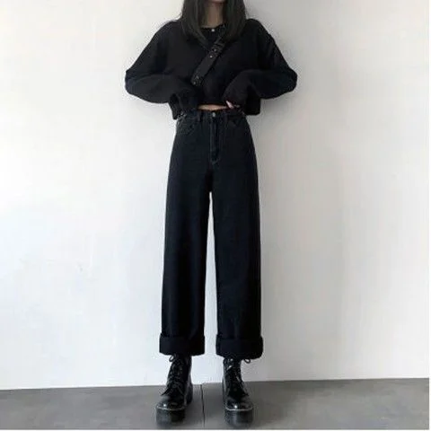 Jeans Women Thread Plus Size S-5XL Vintage Wide-leg All-match Version Harajuku High-waist Trousers Chic Ulzzang Female Students