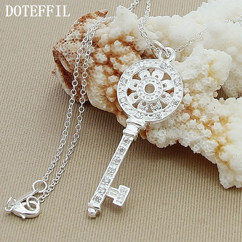 DOTEFFIL 925 Sterling Silver 18 Inch Chain AAA Zircon Round Key Pendant Necklace For Woman Jewelry