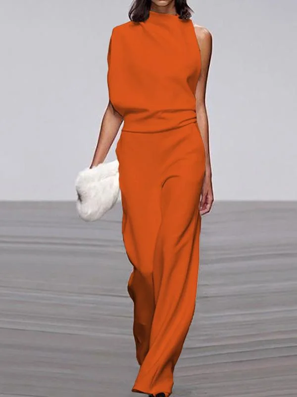 Solid color one-shoulder pile collar jumpsuit