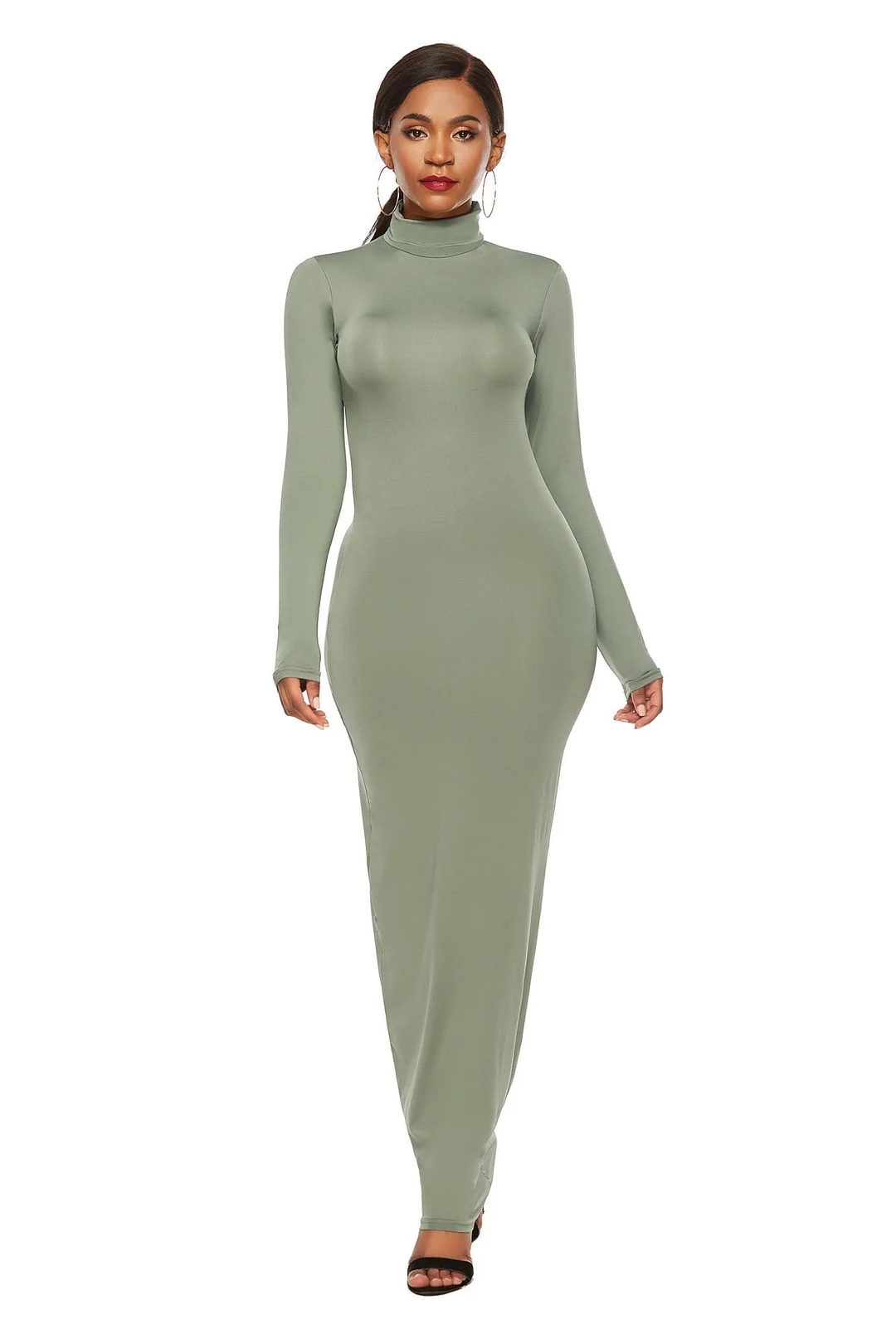 Uveng Polyester Spandex Fashion Solid Color Long Sleeve Stretch Slim Turtleneck Dress