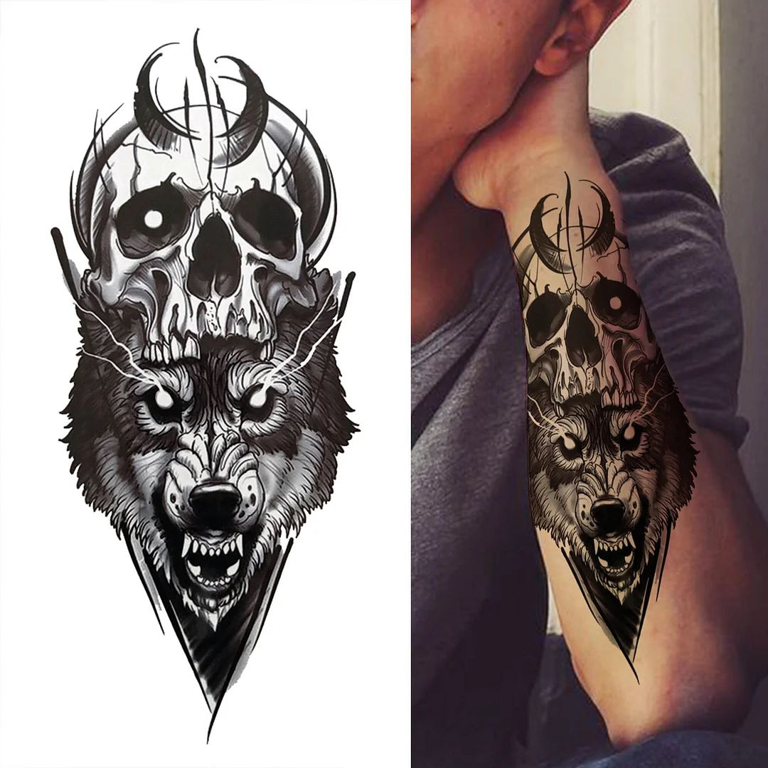 Cross Lion Temporary Tattoo For Women Men Adult Skull Tiger Wolf Forest Tattoo Sticker Black Fake Realistic Demon Tatoos Forearm 530-1