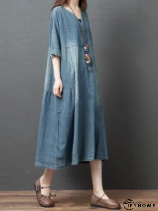 Denim Dress Casual Dress Midi Dress Denim Fashion Casual Daily Vacation V Neck Button Pocket Half Sleeve Summer Spring Fall Loose Fit Blue Dark Gray Plain M L XL 2XL for Women | IFYHOME