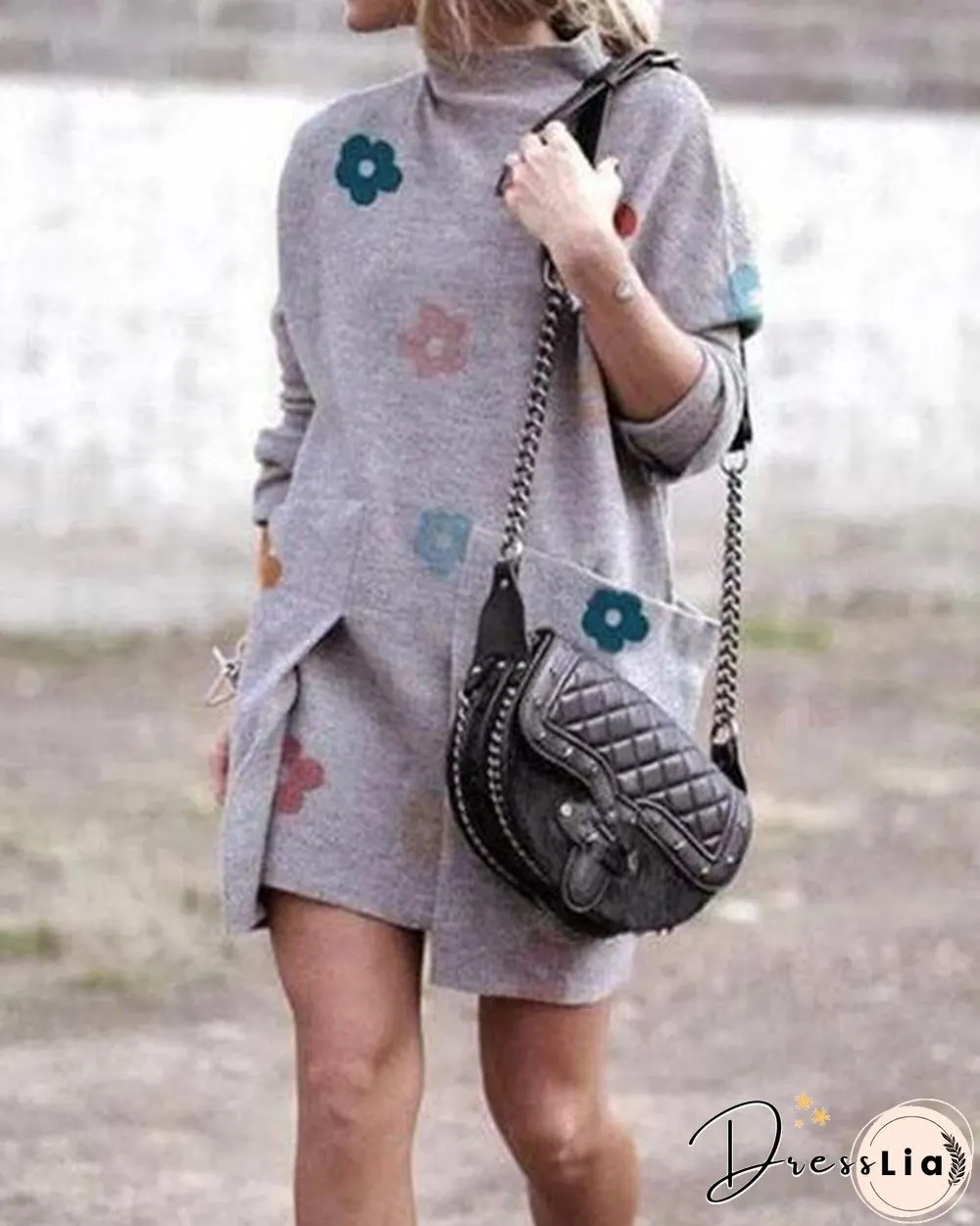 Fashion  Long sleeve Print Irregular Shift Dresses