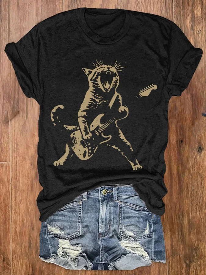 Women's Funny Rock Cat Graphic Cat Lovers Casual Tee