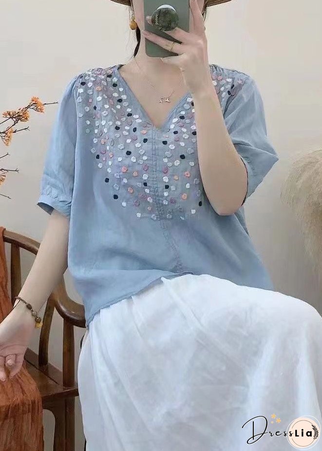 Loose Grass Green V Neck Embroideried Cotton Tops Half Sleeve