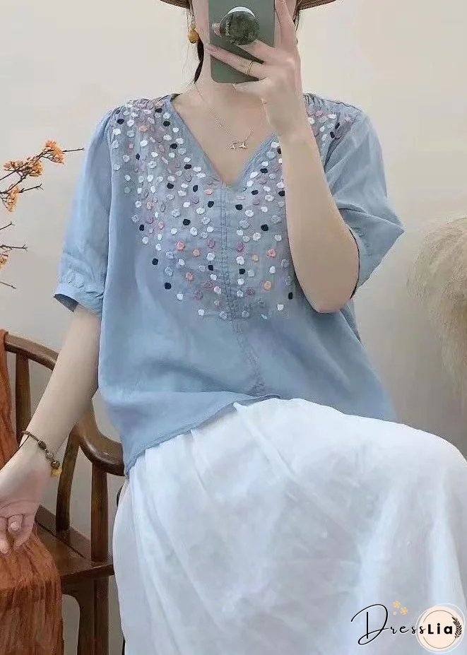 Loose Grass Green V Neck Embroideried Cotton Tops Half Sleeve