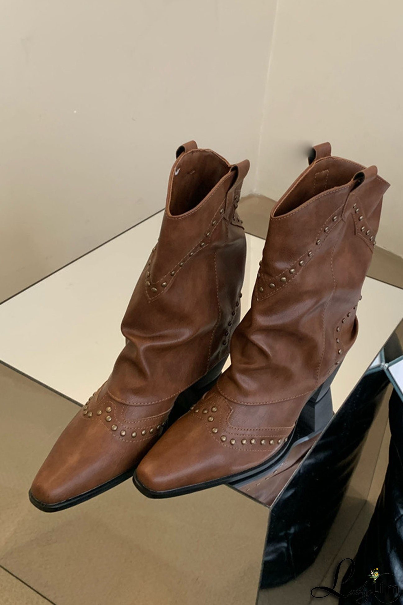 Vintage Pointed Toe Rivet Mid-Calf Boots