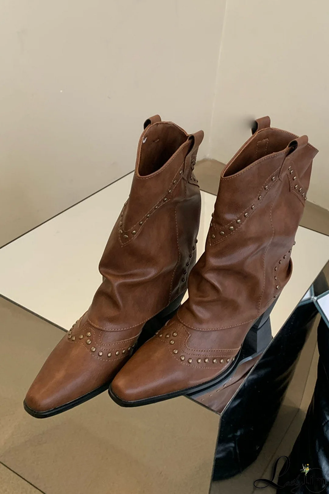 Vintage Pointed Toe Rivet Mid-Calf Boots