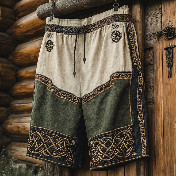 Vintage Viking Celtic Knot Patchwork Art Linen Shorts