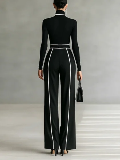 White Trim High-neck Long-sleeved Top With Wide-leg Pants and Belt Set