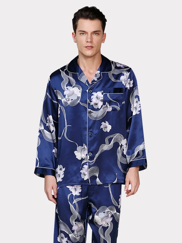 22 MOMME Pyjama en soie bleu imprimé fleuri homme 1