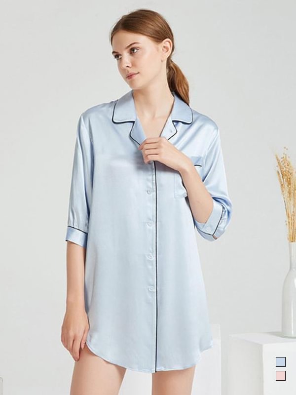 19 Momme Light Blue Silk Nightgown With Sleeves