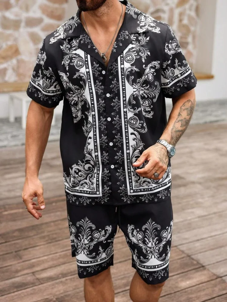 Men's Classic Casual Striped Digital Print Cuban Collar Shirt Shorts Two-Piece Set