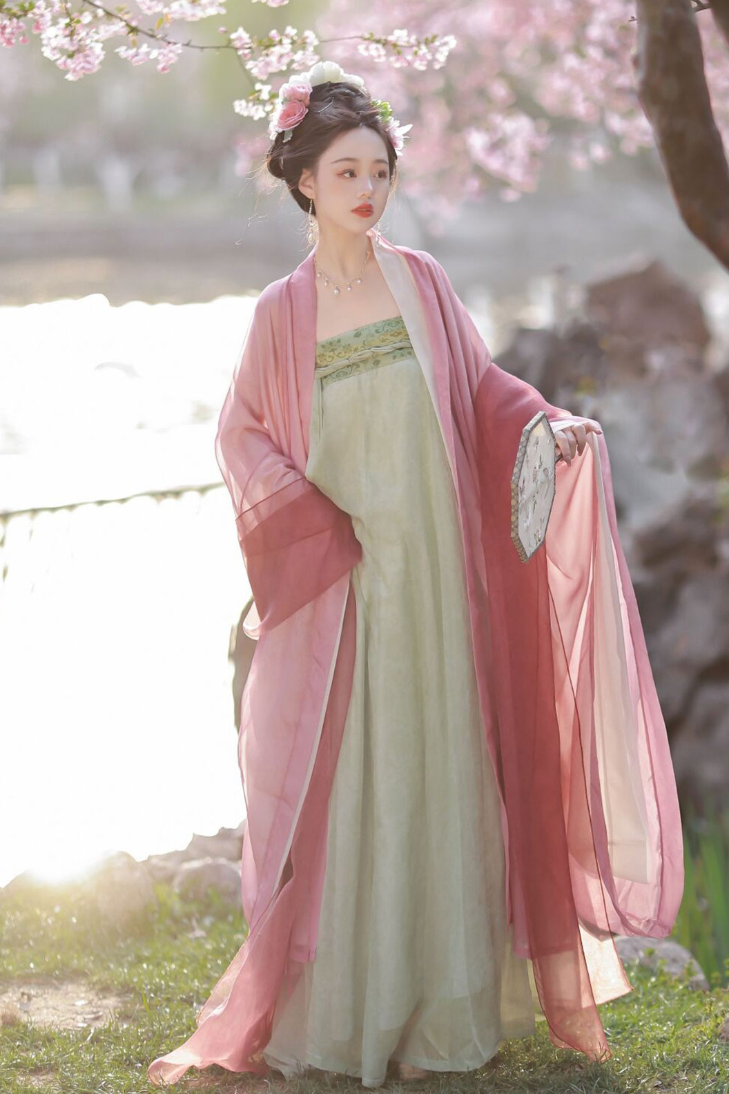 Tang Dynasty Red Hanfu Dress with Chest-high Ruqun and One-Piece Split Skirt - shengge 笙歌 Stupa Stones