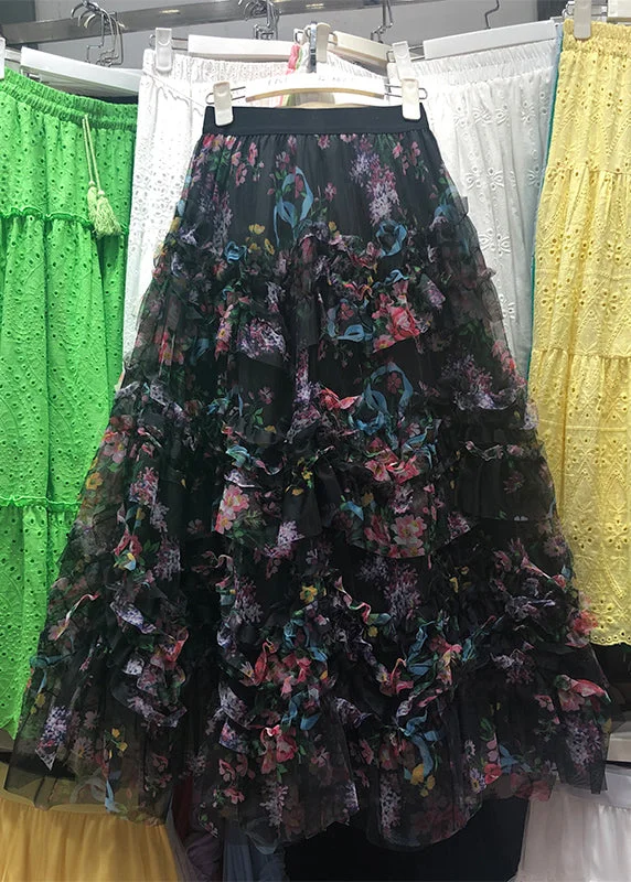 Black Vintage Apricot Asymmetrical Print Ruffled Tulle Cake Skirt Spring
