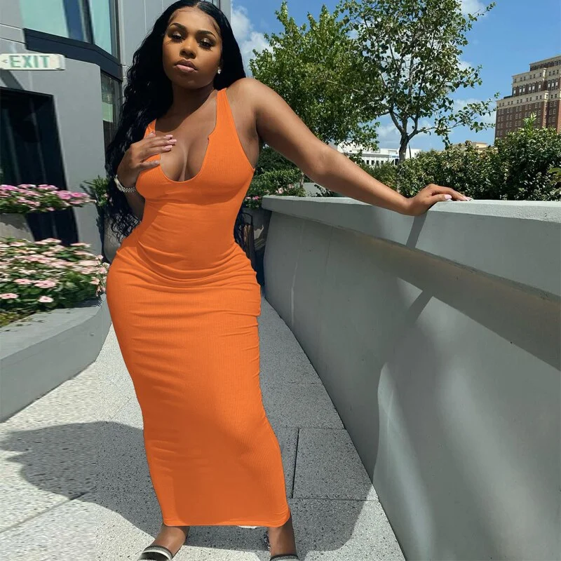Hugcitar 2021 Sleeveless Solid Square Collar Ribbed Skinny Maxi Dress Spring Summer Women Fashion Sexy Streetwear Lounghe Wear