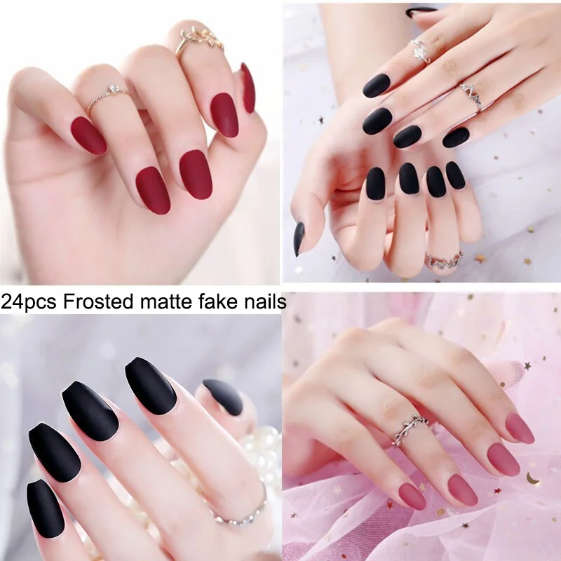 24pcs/set Black Round matte false nails Short Full Cover Frosted Ballerina Nail Tips Red small round oval fake nails art set-Nail Inspo